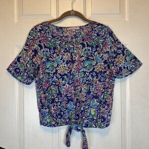 Saint Tropez West Hawaiian Knot Tie Front Aloha Top Medium Blue Pink EUC